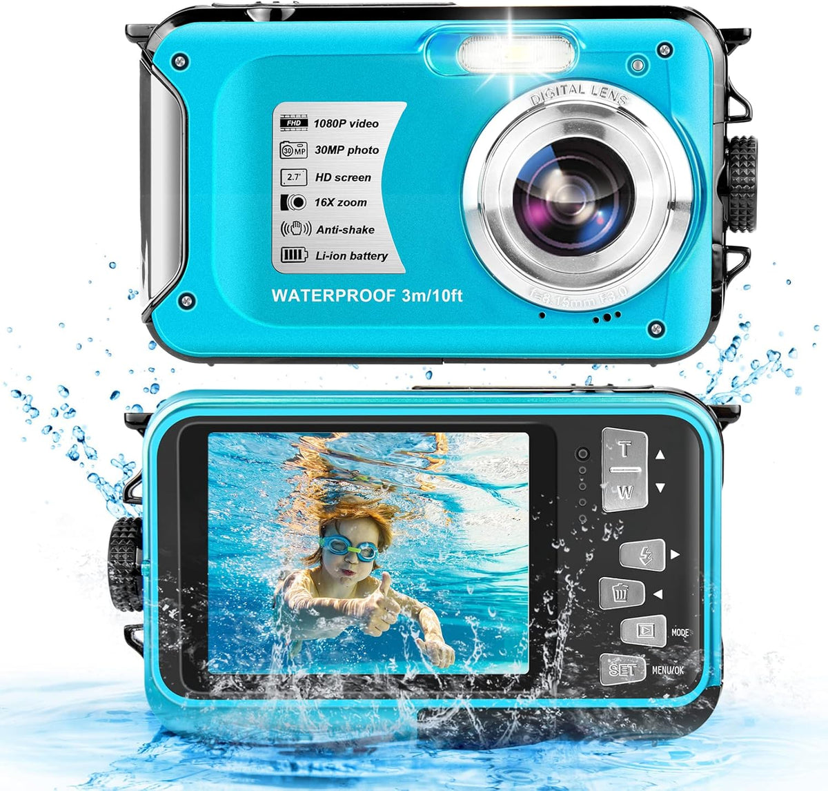 Blue 30MP 1080P 16X Zoom Waterproof Digital Camera B348