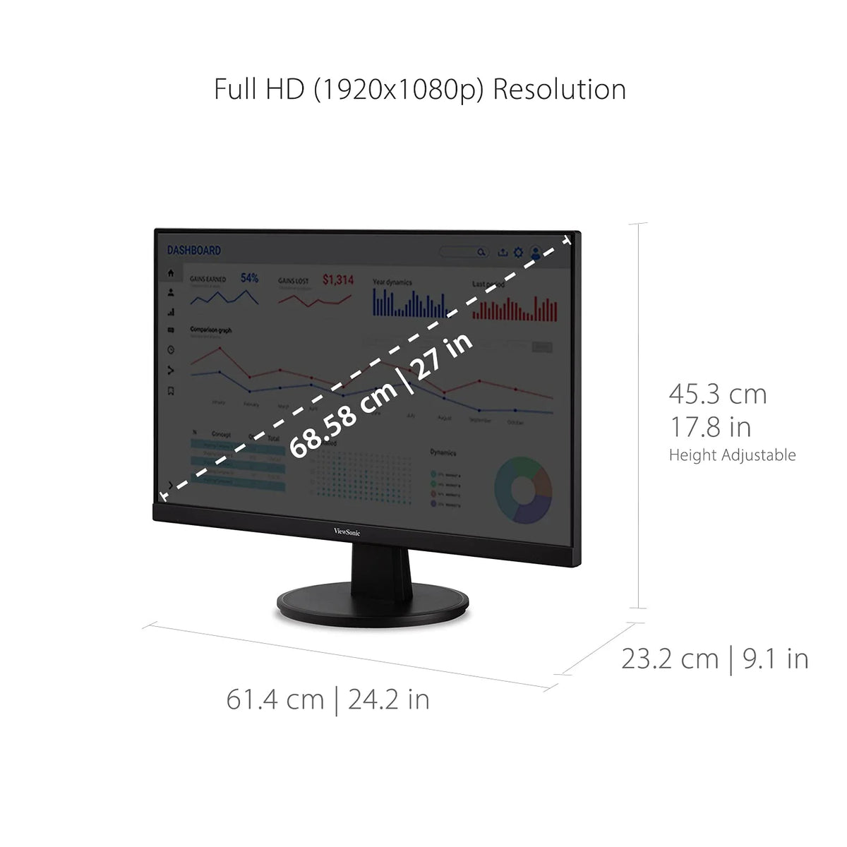 27 Inch Full HD 1080p Monitor with Ultra-Thin Bezel, AMD FreeSync, 75Hz, HDMI, VGA, Black A30793