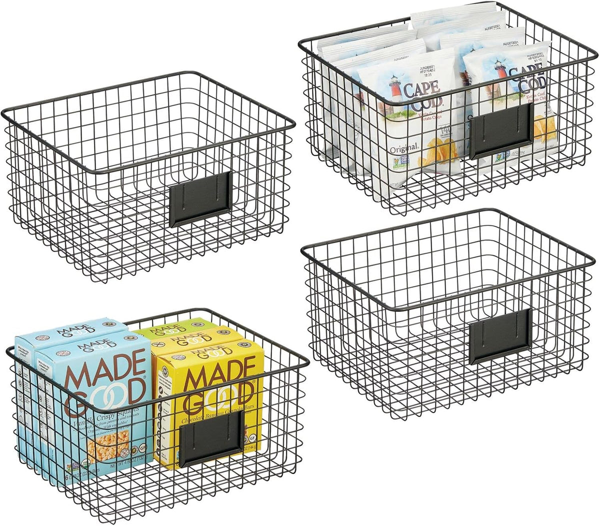 Bronze Metal Wire Food Organizer Storage Bin Basket with Label Slot, 4 Pack J999