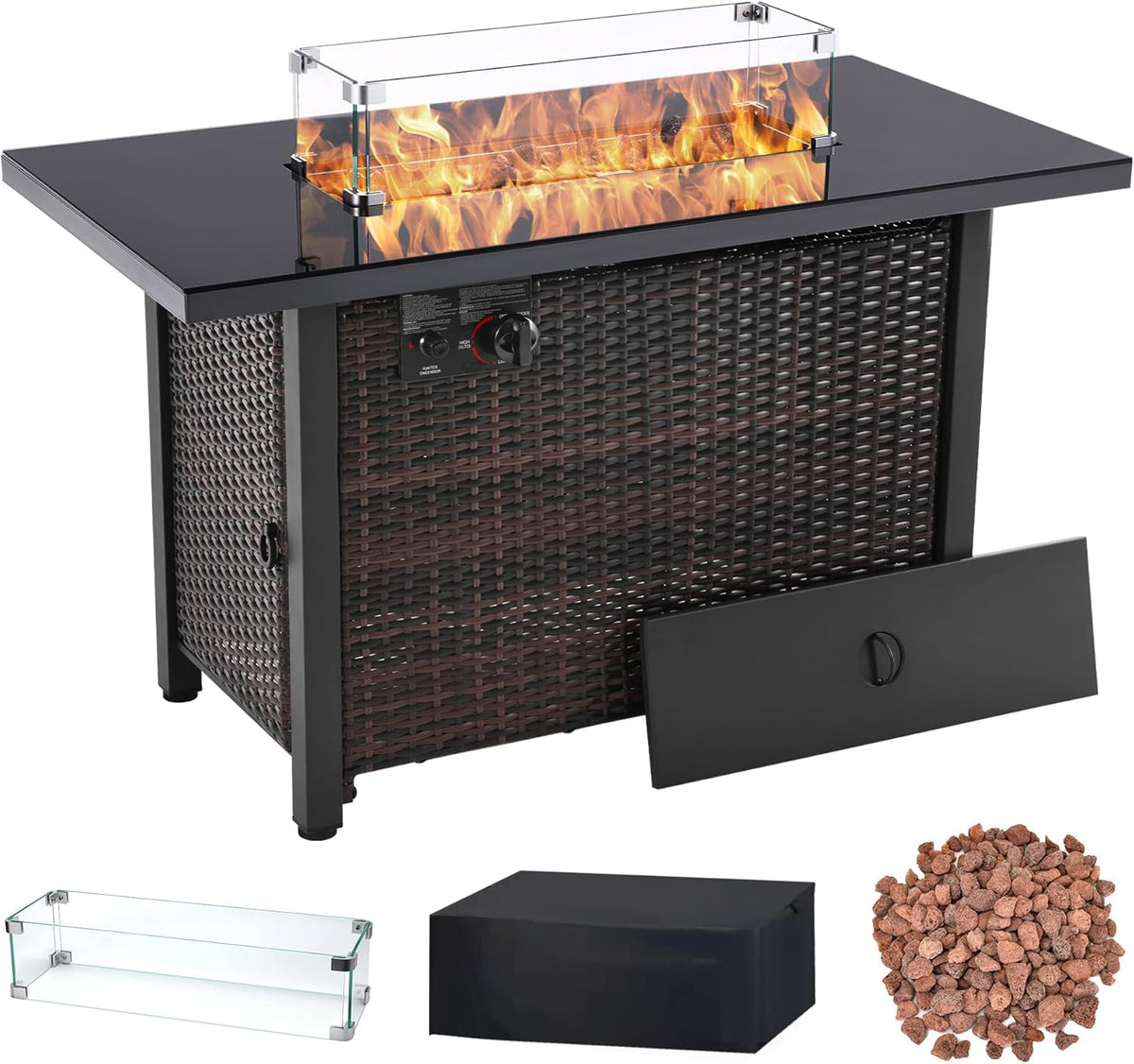 43 Inch 50,000 BTU Auto-Ignition Gas Fire Pit Table with Glass Wind Guard, Lava Stone Z325046