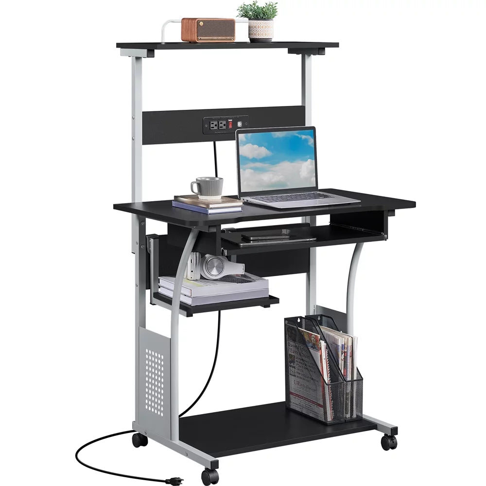 Black 3 Tiers Computer Desk with Charging Station D926
