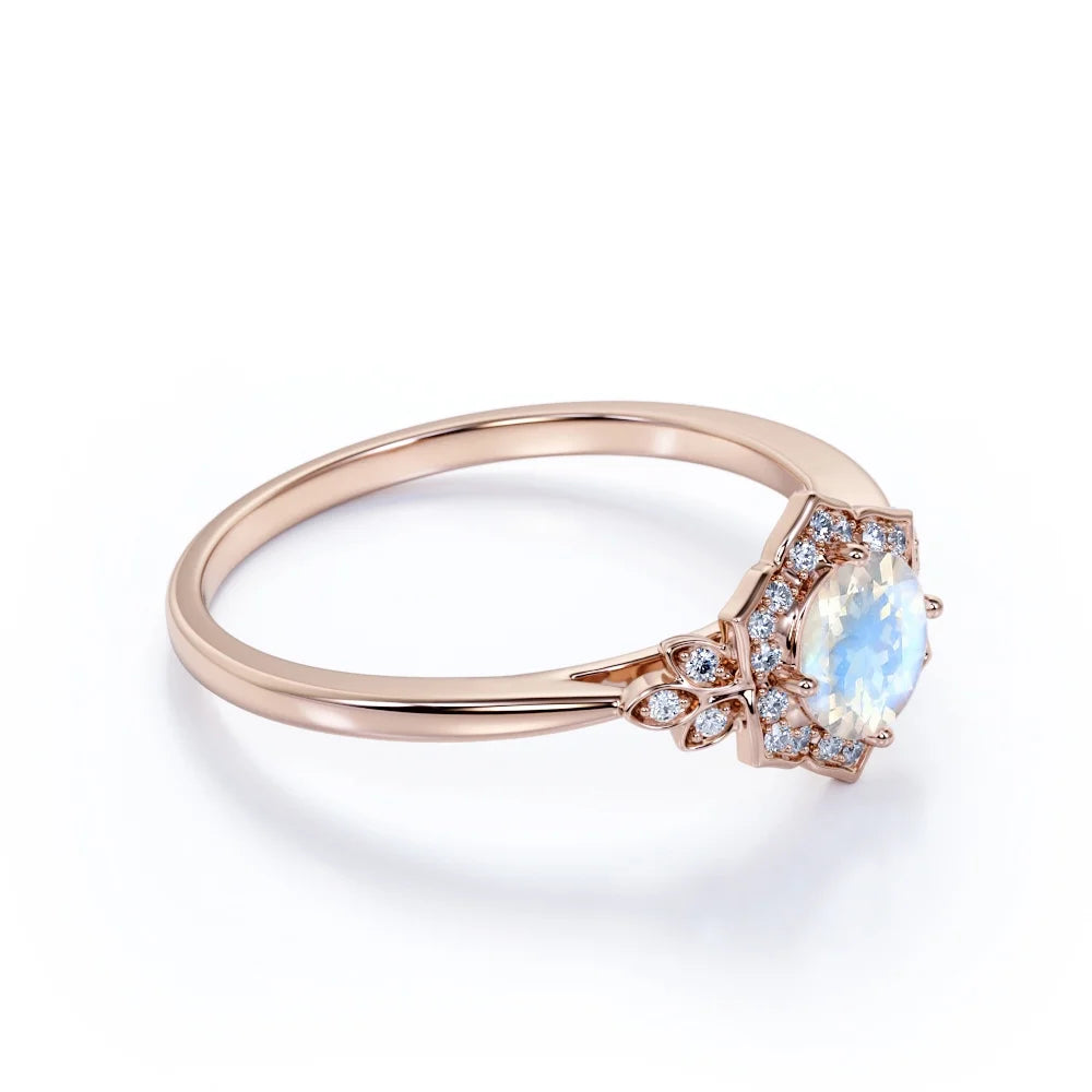 18k Rose Gold over Silver Blue Moonstone and Moissanite Engagement Ring G840