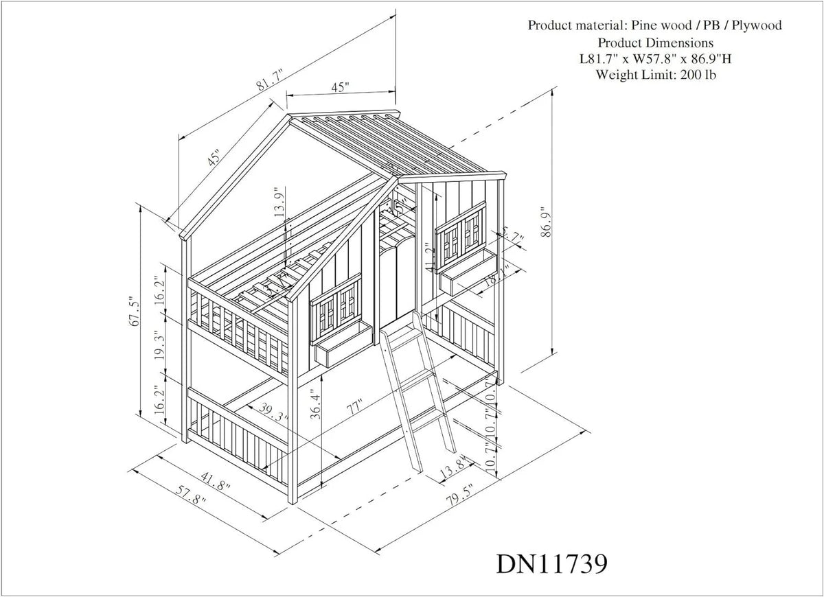 White Wood Bunk Bed with Roof and Window Y859268