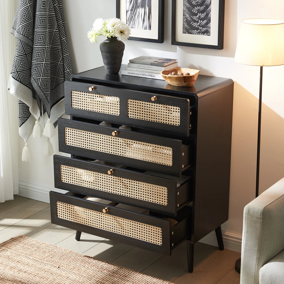 4 Drawer Natural Rattan Wood Dresser M34425