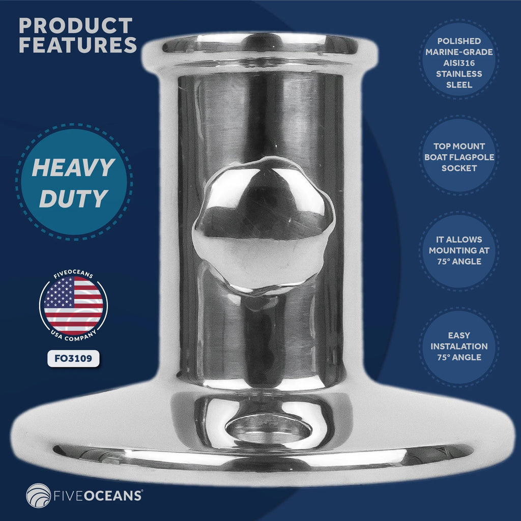 Boat Flag Pole Socket with Knob, Top Mount, Stainless Steel, Fits 3/4 Inch Poles G586240