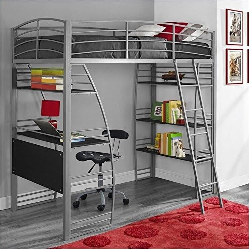 Gray Metal Frame Twin Loft Bed with Desk and Bookcase G378407