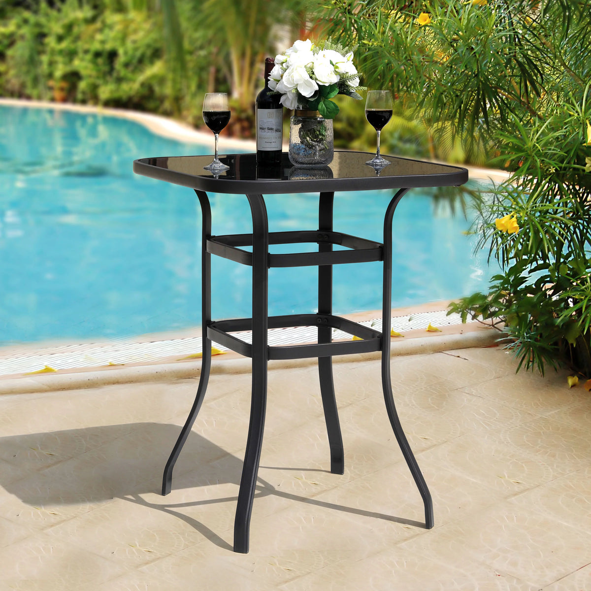 32 inch Outdoor Bar Height Bistro Table with Tempered Glass F431