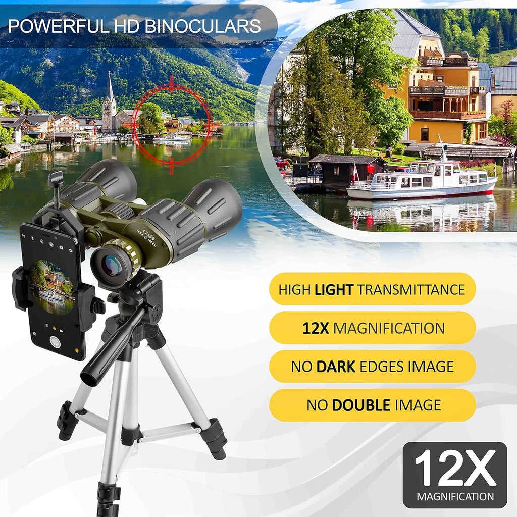 12X50 Full Size Binoculars with Tripod & Smartphone Adapter Carrying Bag F312
