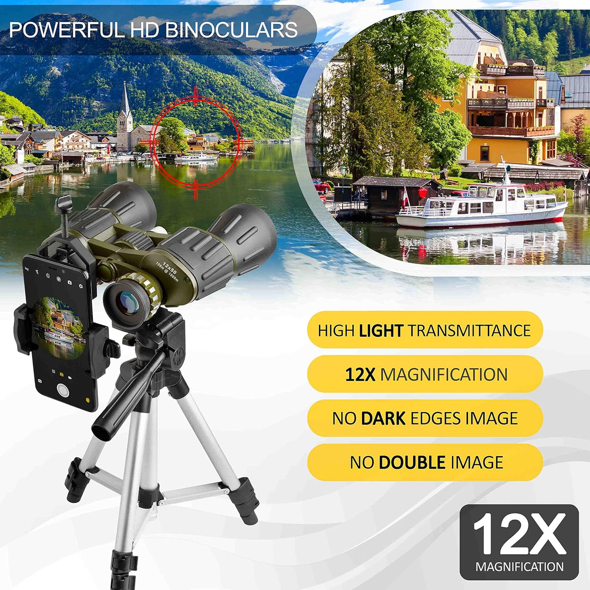 12X50 Full Size Binoculars with Tripod & Smartphone Adapter Carrying Bag F312