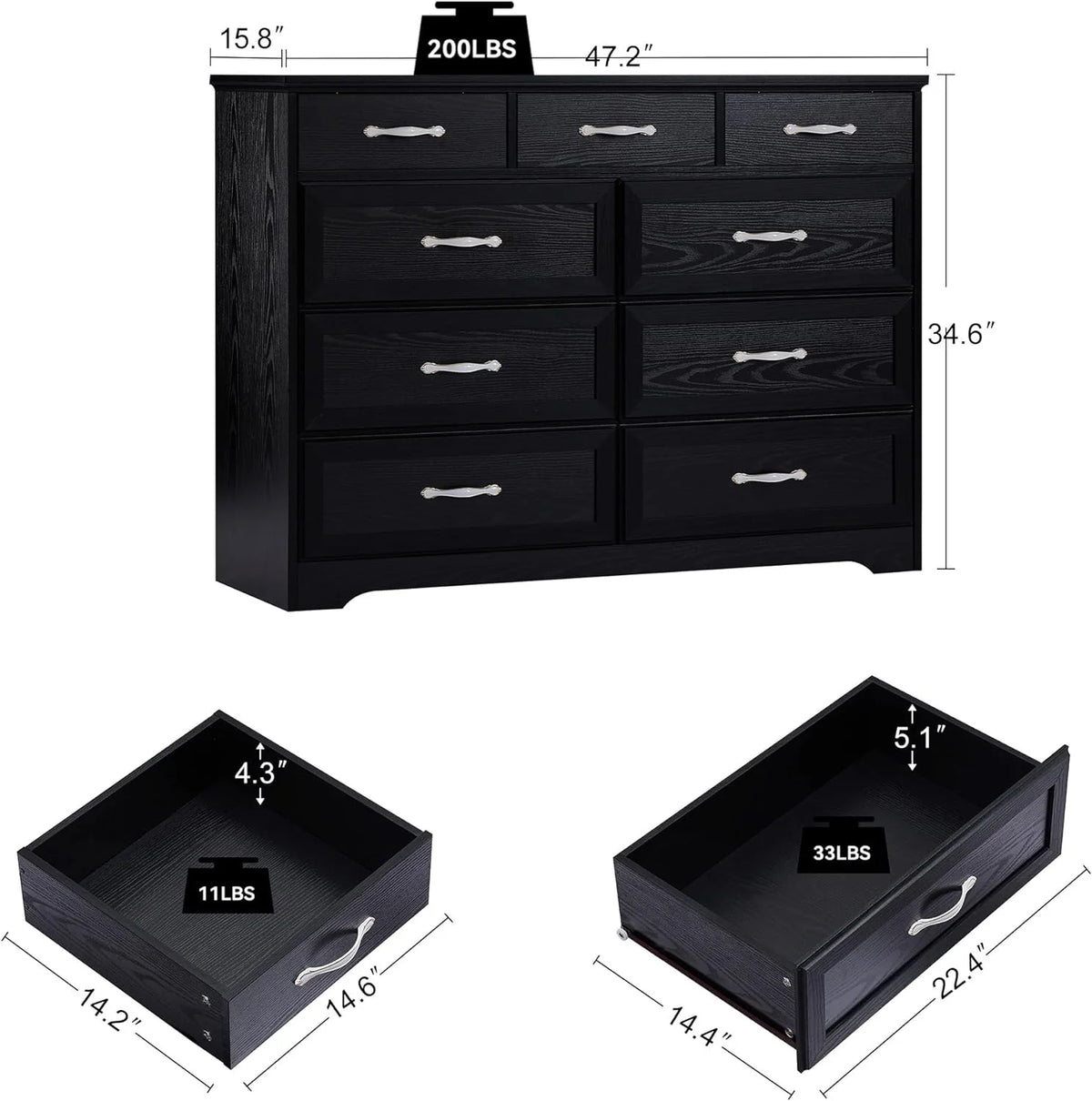 Black 9 Drawer Wood Dresser X5497